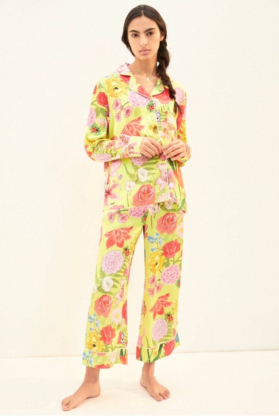 Karen Mabon Anthropologie Yellow Pink Florita Florist Pajama Satin Set Medium